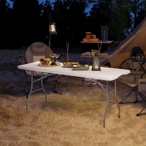 Tavolo da Giardino Pieghevole con Maniglia, Acciaio e Plastica, 180x74x74 cm, Bianco