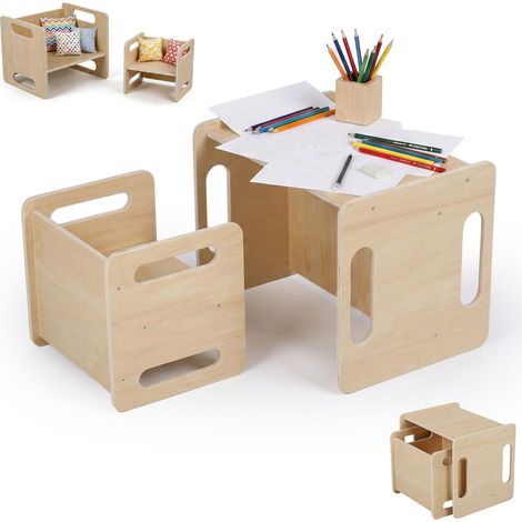 Relaxdays Kindersitzgruppe, 2-teiliges Set, Kindertisch mit Stuhl, Holz, Montessori Sitzgruppe, Kinderzimmer, natur