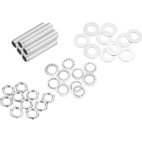 35Pcs Tube Fileté M10 à Filetage Fin 4cm de Long x 7mm ID Kit de Raccords pour Tubes de Lampe avec Écrous Hexagonaux et Rondelles, pour Réparation Bricolage, Argent (1/5)