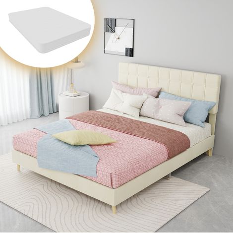 Lit double beige en tissu avec tête de lit capitonnée à carreaux, 140 x 200 cm, cadre métal (1/5)
