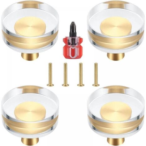 Clear Crystal Brass Door Knobs for Cabinets, Drawers, Cupboards and Furniture, 30 x 34 mm, Set of 4 (1/4)