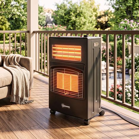 Chauffage d'Appoint Gaz et Électrique 4200W/1200W Infrarouge Pliable 3 Niveaux 2 Freins Sécurité ODS 45x42x75cm Noir