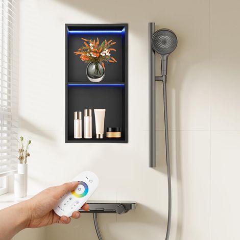 Edelstahl Wandnische mit RGB-Licht, 2/3-Stufige Dusche Nische, Eingebettete Duschnische mit Regal, Unterputz Duschregal für Badezimmer, Küche, Toilette