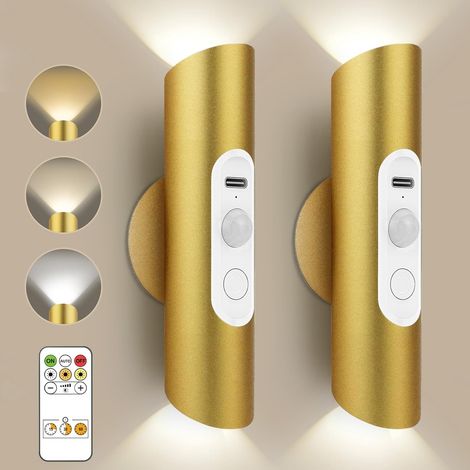 Applique Murale à Détecteur de Mouvement avec Télécommande, 3 Modes Lampe Intérieur LED Sans Fil Rechargeable, Haut et Bas Éclairage pour Couloir Escalier Chambre Salon, Or Métal (1/5)