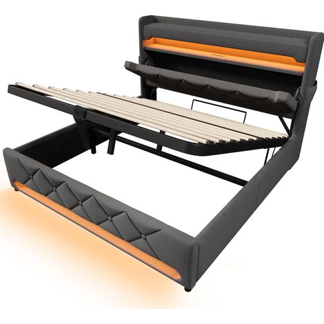 Cama doble con canapé 160x200 cm gris de lino con LED, USB y USB-C HOMVRA (1/5)