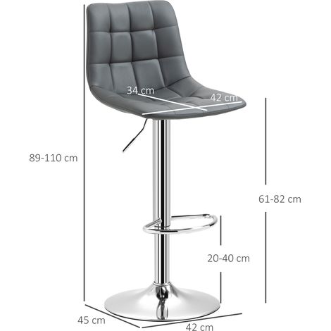 Ensemble de 2 tabourets de bar pivotants en similicuir avec dossier et repose-pieds, dimensions : 42 x 45 x 89-110 cm, gris (1/5)