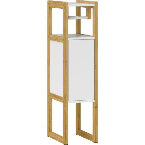 Weißer Bambus-Badezimmerschrank 20x33x80 cm mit Toilettenpapierhalter, Ablage und platzsparender Wandaufbewahrung