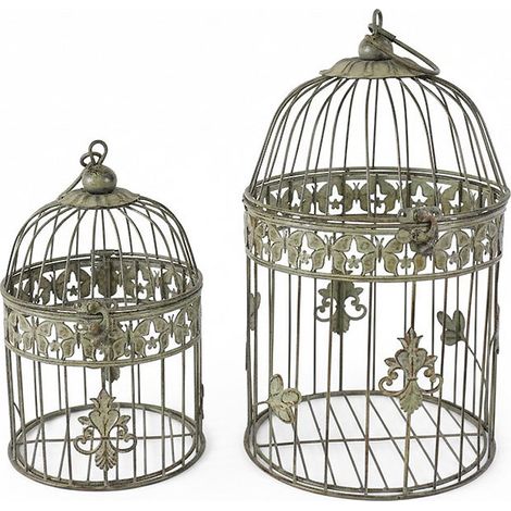 Ensemble 2 Cages Décoratives Ronde à Suspendre en Métal Vert Patiné 19x40cm