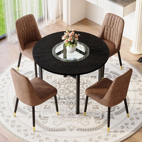 Tisch- und Stuhlset aus MDF schwarz und Metall, rund 100 cm, mit Glasablage (1/5)