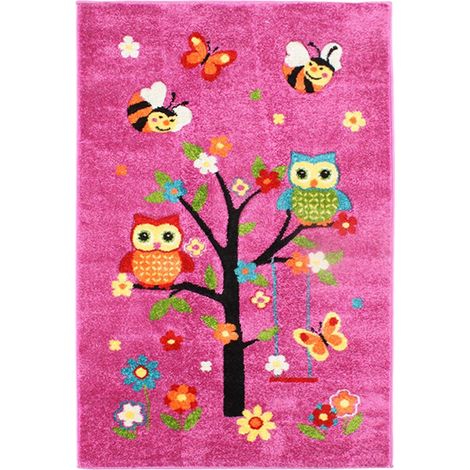 CHOUETTES - Tapis enfant toucher laine imprimé chouettes rose 100x150 (1/4)