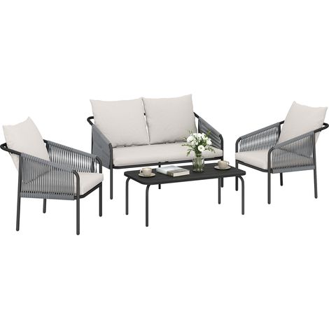 Gartenmöbel Set 4-teilig Polyrattan Lounge-Set mit Zweisitzer 2 Sessel Couchtisch abnehmbar Kissen Bindebändern