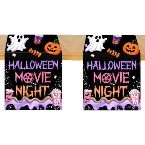 Camino de mesa con diseño de fantasmas para una noche de películas de Halloween (33 x 183 cm). Decoración de mesa de tela estampada (2 piezas). (1/5)