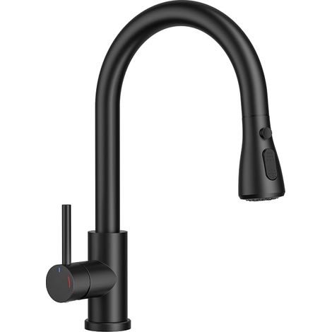 Robinet Cuisine Basse Pression, Robinet Evier Douchette Extensible avec 2 Jets, Mitigeur Cuisine 3 Raccords pour Chauffe-eau ou Sous-évier, Rotation 360°, Noir Mat, Poignée (1/5)