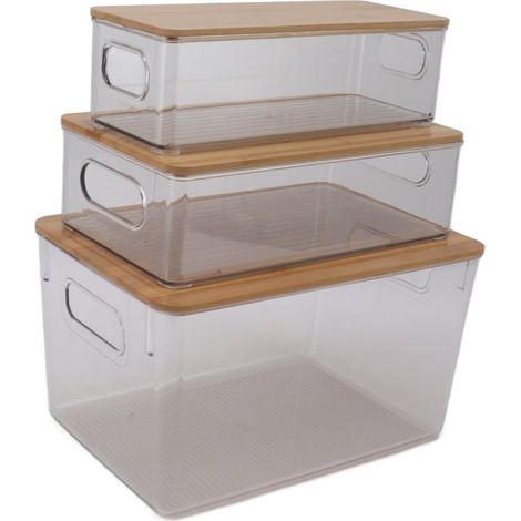 Lot de 3 boîtes de rangement multifonctionnelles transparentes, empilables et avec couvercle en bois. (1/5)