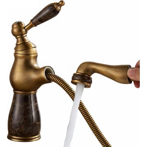 Robinet de lavabo monotrou à montage sur plage avec douchette extractible, robinet d'eau chaude et à eau froideo(Brun, finition courte antique) (1/5)