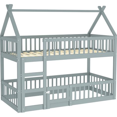 Lit superposé enfant 90x200 cm gris avec échelle et barrières MODENUIT (1/5)