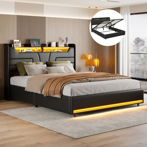 BLANKETSWARM - Lit coffre 140x200 cm en PU – Tête de lit avec rangement – Bandes lumineuses LED et USB – Capacité 300 kg – Noir (1/5)