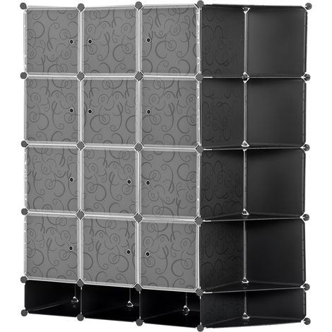 Organisateur de dressing modulaire portable avec 16 compartiments et 2 barres de penderie, noir et blanc