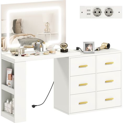 Coiffeuse blanche avec miroir LED réglable, 6 tiroirs, 2 étagères ouvertes, prises électriques