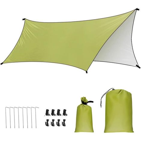 Bâche De Camping Imperméable 3 X 3/4,45 M, Avec Piquets Et Cordes, Abri Solaire Ultraléger Et Multifonctionnel Avec Protection Uv, Idéal Pour Le Camping, La Randonnée, Les Pique-Niques Et Les Activité (1/5)