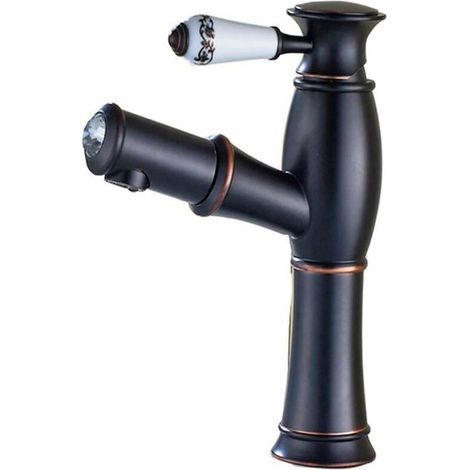 Robinet de lavabo vintage en bronze noir avec douchette extractible, mitigeur à levier unique, poignée en céramique pour salle de bain