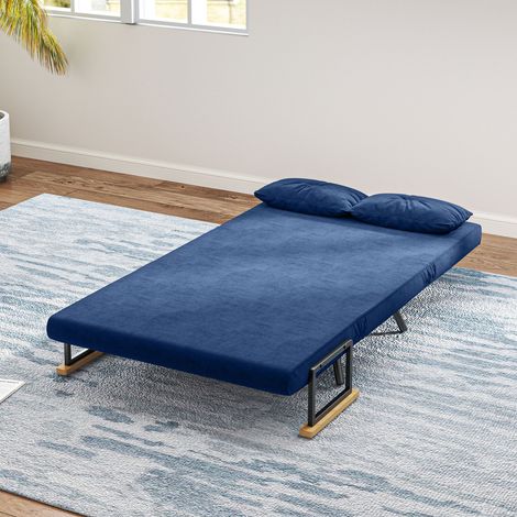 Canapé-lit 3 places modulable, velours bleu, dossier inclinable, 2 coussins fournis, 102x73x81 cm (1/5)