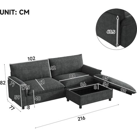 Canapé d’angle modulable Cloud 3 places avec pouf mobile, assise profonde et dossier haut, canapé salon moderne noir (1/5)