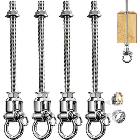 Lot de 4 Crochet de Balançoire, Acier Inoxydable 304, Crochet Lourde M10 Résistant Jusqu'à 453 kg, Rotation 360° + Pivot 180°, Support pour Poutre Bois Plafond Béton, Hamac Sac de Frappe Balançoire (1/2)
