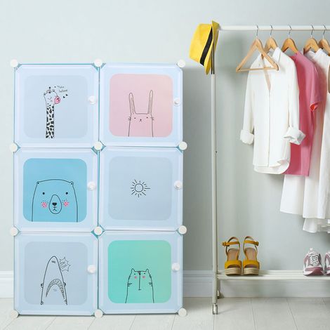 Armoire Chambre Enfants Penderie Dressing Plastique 6 Cubes Meuble de Rangement Etagère Vêtements 74×37×110 cm Bleu (1/5)