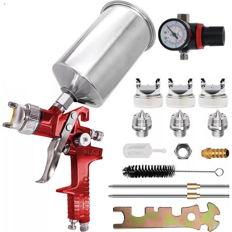 HVLP Pistolet pulvérisateur à air à Alimentation par gravité : pulvérisateur de Peinture avec Tasse en Aluminium de 1000CC  3 Buses pour réparation de Voiture, Peinture de clôture (Rouge) (1/5)