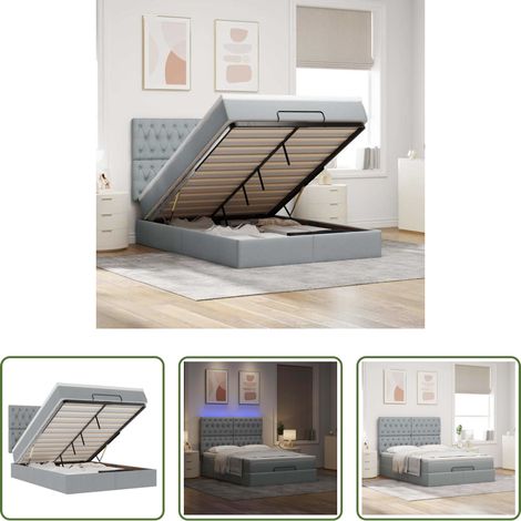 vidaXL LED-Beleuchtung - Ottoman-Bett mit Matratze & LEDs Hellgrau 140x200 cm Stoff (1/5)