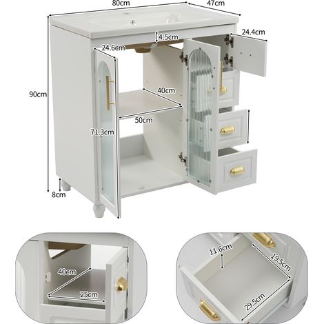 Mobilier de salle de bain simple lavabo avec meuble bas 80 cm avec lavabo en céramique,blanc-Ha