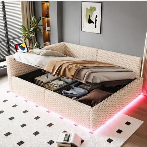Cadre de lit beige en velours 213 x 147,5 x 68 cm (1/5)