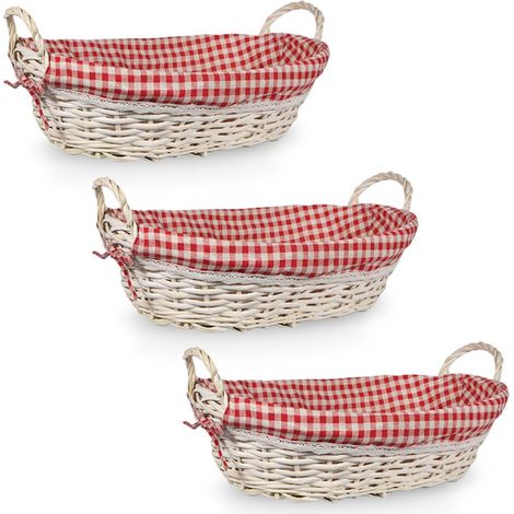Ceste Ovali x3 Vimini Bianco Shabby con Manici e Stoffa a Quadretti 34x19x h15 (1/5)