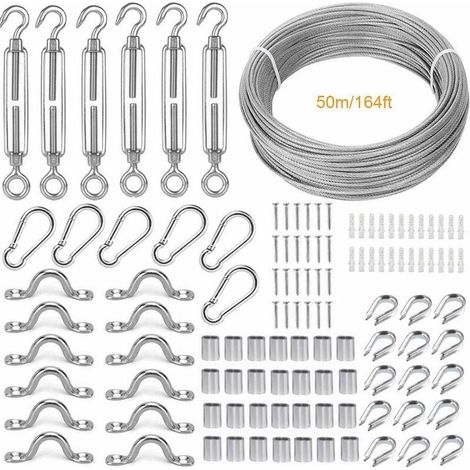 Corde en Acier Inoxydable à Suspendre Kit,50M/2mm Cable en Acier Inoxydable Revêtu,avec M5 Tendeur Câble et Crochet,Accessoires de Cable Inox Pour Rambarde,Cordes à linge,Cable Suspension (1/4)