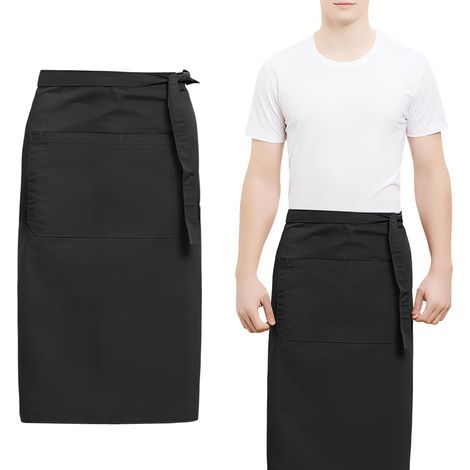 Tablier Serveur, 70x73cm, Tablier Cuisine Femme Homme avec Longues Liens et Poches, Imperméable, Tabliers Demi pour Cuisiner Bistro Restaurant Café BBQ (1/5)