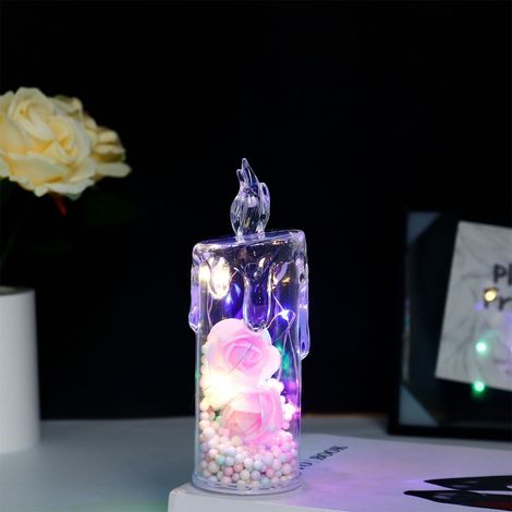Bougie Électronique Led - Simulation Flamme Réaliste - Rose Transparente - Veilleuse Chambre - Décoration Cœur - Lot de 1 (1/3)