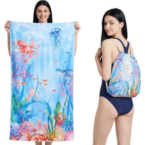 2 en 1, imprimé lettres, pliable et facile à ranger, séchage rapide double face en tissu éponge, serviette de plage, serviette de bain, 90 × 180 cm (1/5)