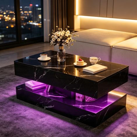 Table basse marbre noir –Table basse rectangulaire - éclairage LED – rangement double – 100×50×45 cm (1/5)