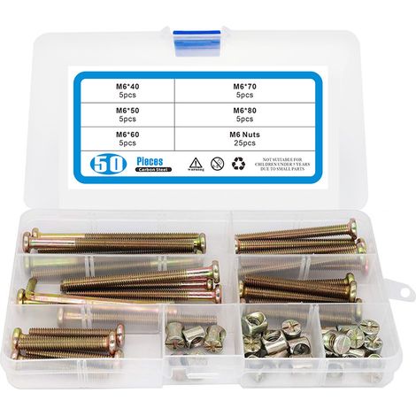 Kit de remplacement de boulons M6 pour lit bébé (50 pièces) - Comprend des vis M6x40 mm/50 mm/60 mm/70 mm/80 mm (1/5)