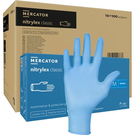 Gants en nitrile bleus Mercator Nitrylex Classic, taille M, boîte de 100 pièces (10 paquets).