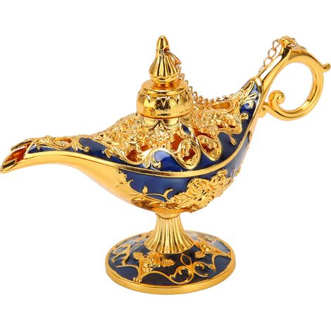 Lampe à huile vintage génie en alliage de zinc, dorée et bleu saphir, décoration rare collection petite taille, légende orientale. (1/5)