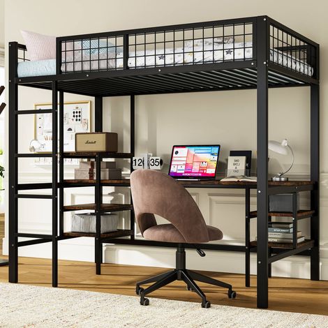 Lit mezzanine 90x200 cm métal noir et bois avec bureau, étagères et échelle, sans matelas (1/5)