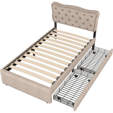 Lit bas 90200 cm, lit rembourré, tête de lit avec clous décoratifs, double tiroir, beige foncé (1/5)