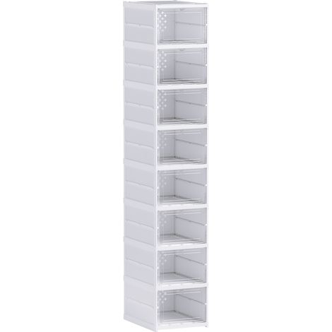 Lot de 8 boîtes à chaussures pliables en plastique blanc, empilables avec couvercles, taille jusqu’au 43. (1/5)