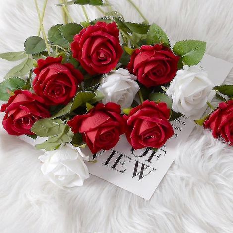 10 roses artificielles en soie, fausses roses à tige unique, bouquets de mariée pour mariage, décoration de maison, d'anniversaire, de jardin (rose foncé) (1/5)
