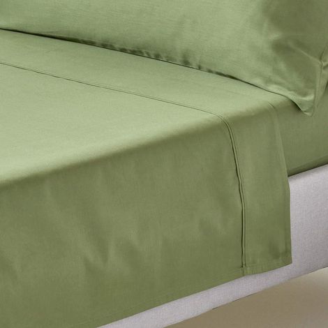 HOMESCAPES Drap plat uni 100% coton égyptien Bio 400 fils coloris Vert mousse 180 x 290 cm (1/5)