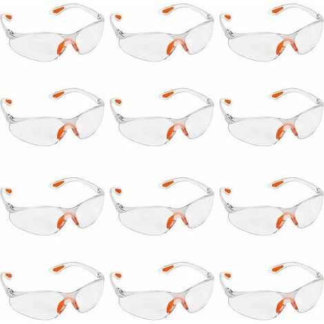 Packung mit 12 transparenten Schutzbrillen – Schutzbrille mit Kunststoffgläsern, Nasensteg und Gummibügelspitzen für Komfort – transparente PSA-Brille
