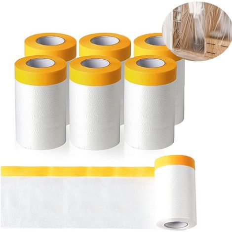 Lot de 6 rouleaux de film de masquage pour la protection des sols et des meubles, 55 cm de large, 15 m de long. Film protecteur en polyéthylène avec ruban adhésif intégré, idéal pour la peinture. Rési (1/5)