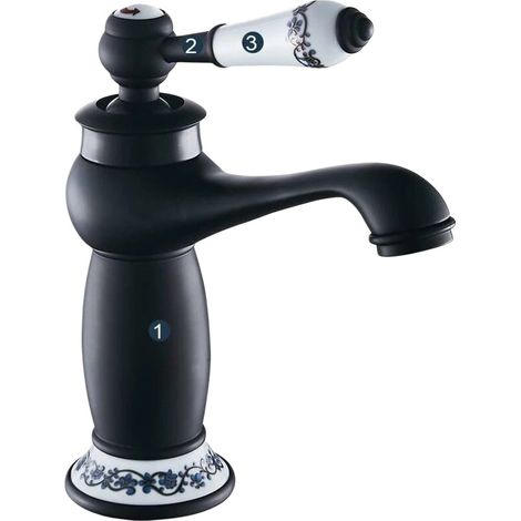 Robinet de salle de bain rétro en laiton avec long bec, mitigeur de lavabo monocommande en porcelaine noire, motif floral vintage pour eau chaude et froide